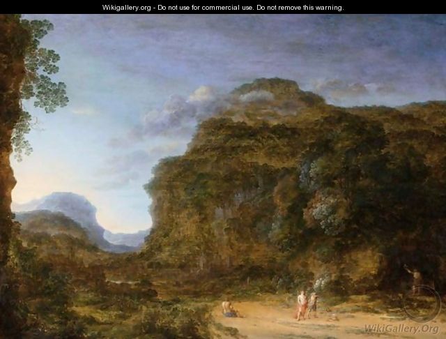 A Rocky Landscape With Figures And A Dog - Gilles Neyts