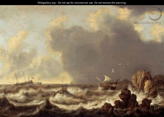 Ships At Anchor, A Sailing Boat And A Rowing Boat In Stormy Waters - (after) Willem Van Diest