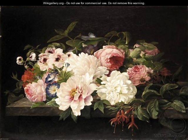 Still Life Of Flowers On A Marble Ledge - (after) Theude Gronland