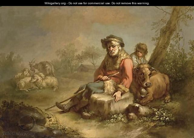 A Shepherd And A Young Boy Resting Together With Their Herd - German School