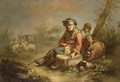 A Shepherd And A Young Boy Resting Together With Their Herd - German School