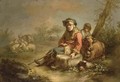 A Shepherd And A Young Boy Resting Together With Their Herd - German School