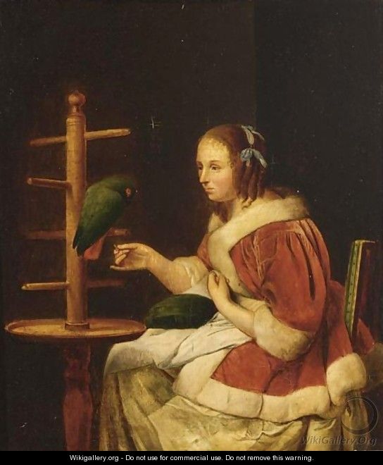A Woman In A Red Jacket, Feeding A Parrot - (after) Frans Van Mieris