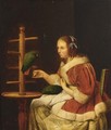 A Woman In A Red Jacket, Feeding A Parrot - (after) Frans Van Mieris