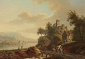 A River Landscape With Travellers On A Path, A Castle On A Mountain Beyond - (after) Christian Georg II Schutz Or Schuz
