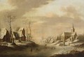 A Winter Landscape With Skaters On The Ice, A Church Beyond - Dutch School