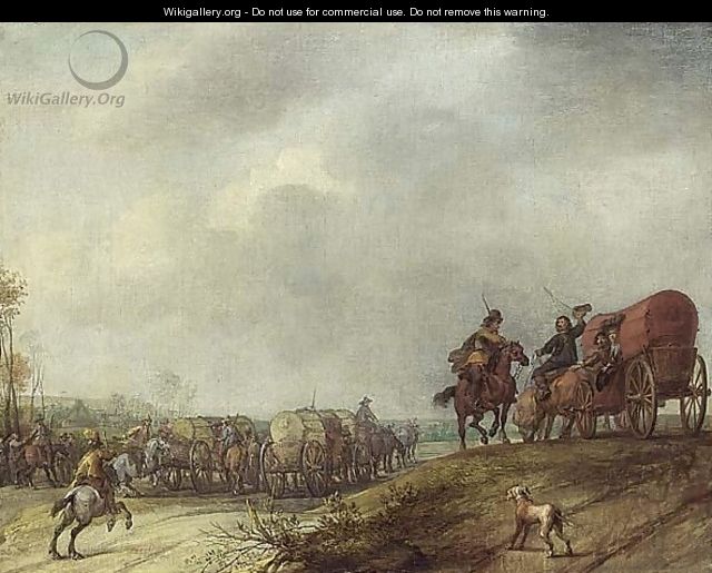 A Landscape With Cavalry And Horse-Drawn Wagons, A Dog In The Foreground - (after) Pieter Snayers