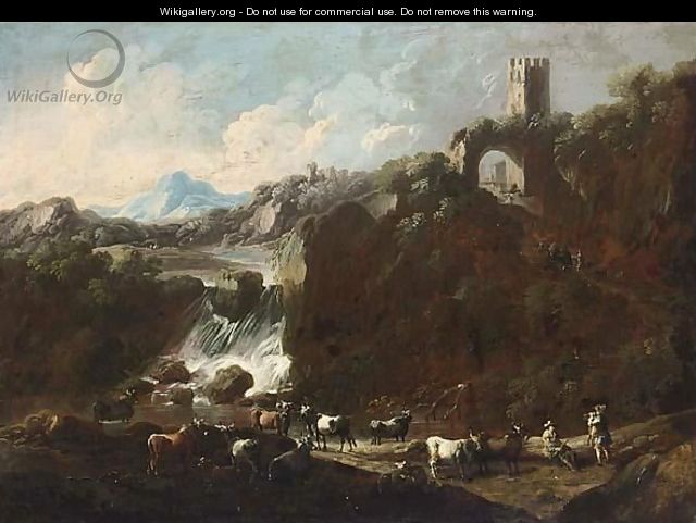 An Italianate Rocky River Landscape With A Waterfall And Cowherds With Their Herd - Cajetan Roos