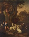 A Young Shepherd With His Herd And A Macaw Resting Near A Tree In An Arcadian Landscape - (after) Jan Baptist Weenix