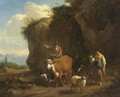 Shepherds With Their Flock In An Italianate Rocky Landscape - (after) Nicolaes Berchem