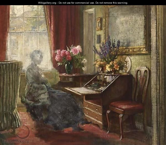 An Interior With A Woman Behind A Writing Table - (after) Carl Vilhelm Holsoe