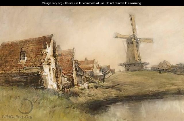 Houses And A Windmill In A Riverlandscape - Jan Hillebrand Wijsmuller