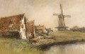 Houses And A Windmill In A Riverlandscape - Jan Hillebrand Wijsmuller