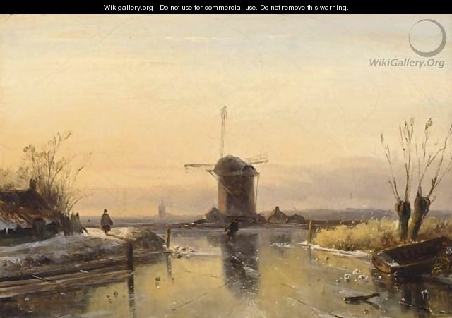 Figures In A Winter Landscape, A Windmill In The Distance - Jan Jacob Coenraad Spohler
