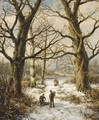 Figures On A Wintry Country Lane, A Village In The Distance - Hendrik Barend Koekkoek