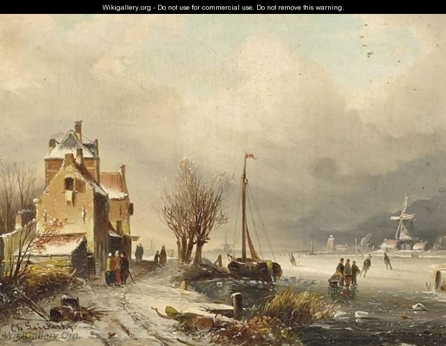 Figures On A Frozen Waterway, A Windmill In The Distance - Charles Henri Leickert