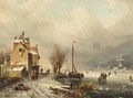Figures On A Frozen Waterway, A Windmill In The Distance - Charles Henri Leickert