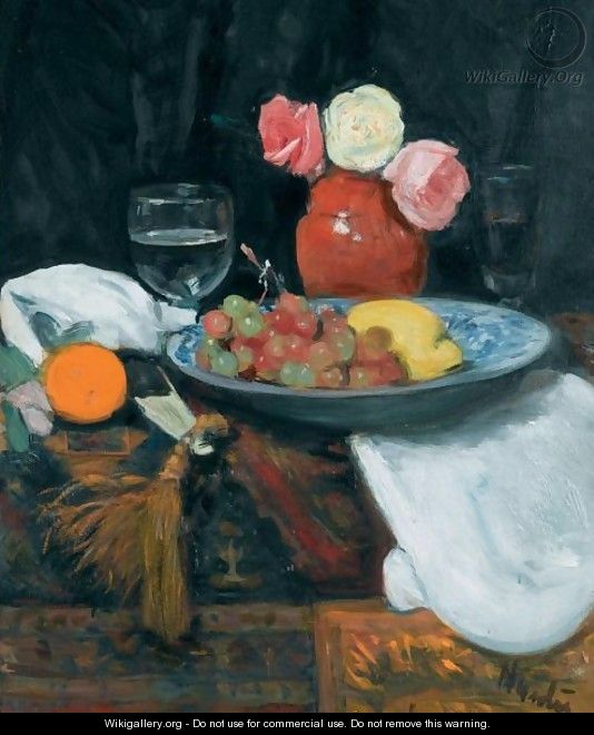 Still Life With Roses Fruit And Wine Glasses - George Leslie Hunter