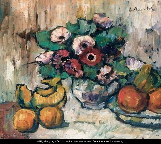 Still Life With Anemones And Fruit - George Leslie Hunter