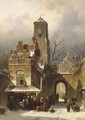 A Market Scene In A Wintry Dutch Town - Charles Henri Leickert