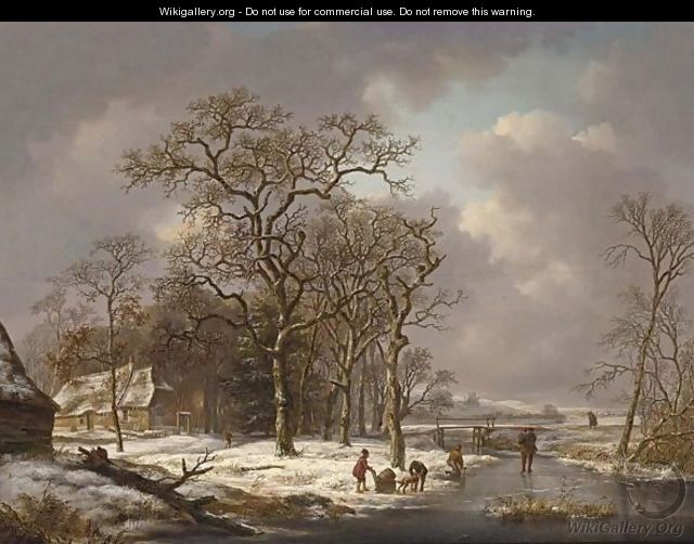 A Winter Landscape With Figures On A Frozen Waterway 2 - Andreas Schelfhout