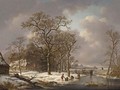 A Winter Landscape With Figures On A Frozen Waterway 2 - Andreas Schelfhout