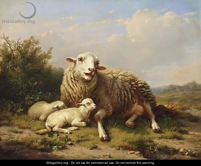 A Sheep And Two Lambs Resting In A Summer Landscape - Eugène Verboeckhoven