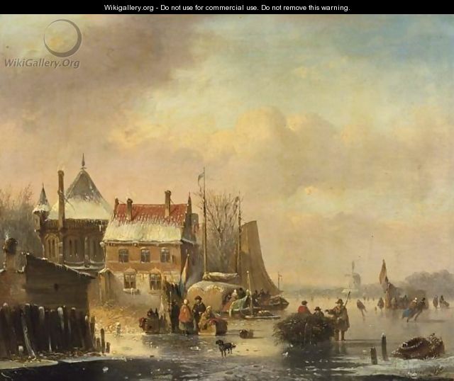 Many Skaters Near A Town On The Waterfront, A Windmill In The Distance - Jacobus Van Der Stok