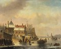Many Skaters Near A Town On The Waterfront, A Windmill In The Distance - Jacobus Van Der Stok