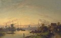 A River Scene At Dusk, Windmills In The Distance - Charles Henri Leickert