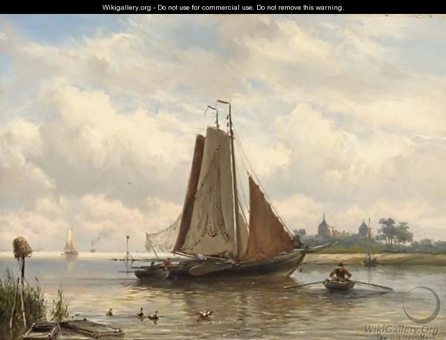 Fishing Boats At Anchor, The Muider Slot In The Distance - Johannes Hermann Barend Koekkoek