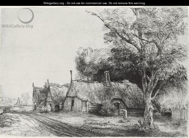 Three Gabled Cottages Beside A Road - Rembrandt Van Rijn
