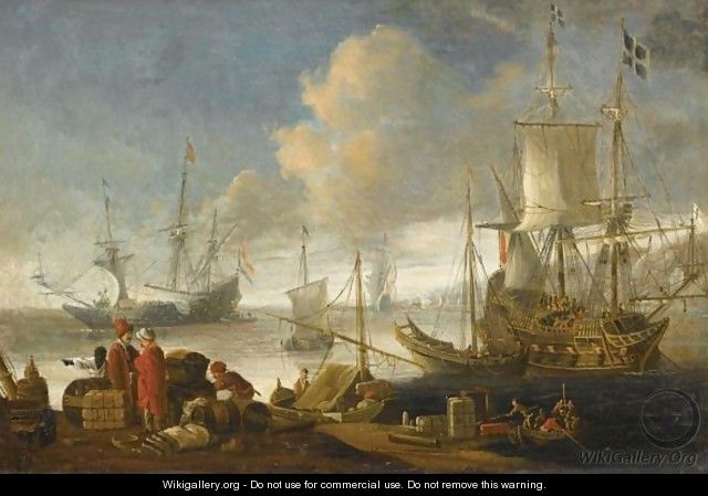 A Mediterranean Harbour Scene, With Merchants Trading On The Quay, And Ships Beyond - (after) Lorenzo A. Castro