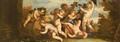 Drunken Putti Drinking Wine In A Parkland Setting - Venetian School