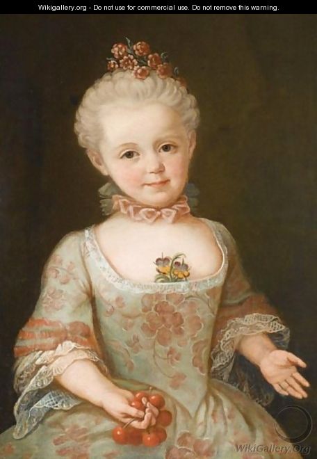 Portrait Of A Young Girl, Half Length, Wearing A Green And Pink Embroidered Dress Holding A Bunch Of Cherries - Venetian School