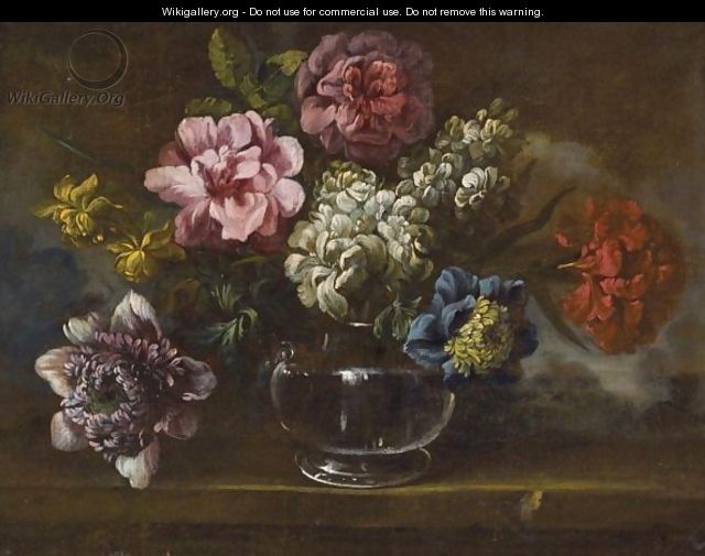 Still Life With Various Flowers In A Glass Vase On A Stone Ledge - Italian School
