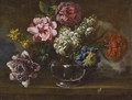 Still Life With Various Flowers In A Glass Vase On A Stone Ledge - Italian School