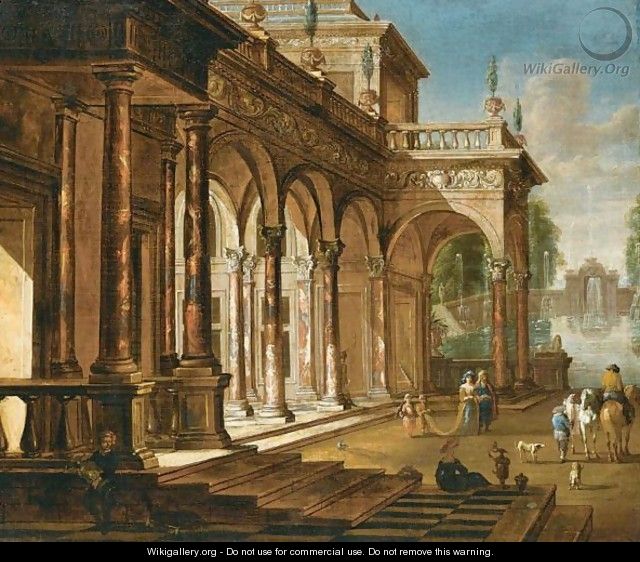 Elegant Figures Before A Palace With A Fountain Beyond - (after) Jacob Balthasar Peeters