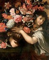 Still Life With A Young Boy Holding A Bouquet Of Flowers In A Bronze Urn - Roman School