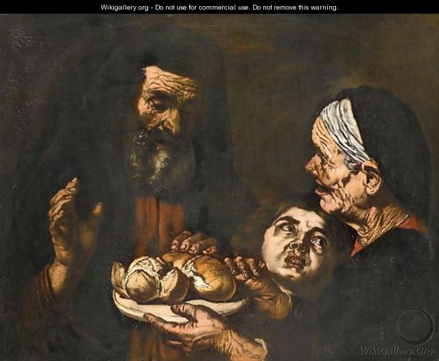 A Saint Blessing A Plate Of Bread, Together With An Elderly Lady And A Young Child - (after) Jusepe De Ribera