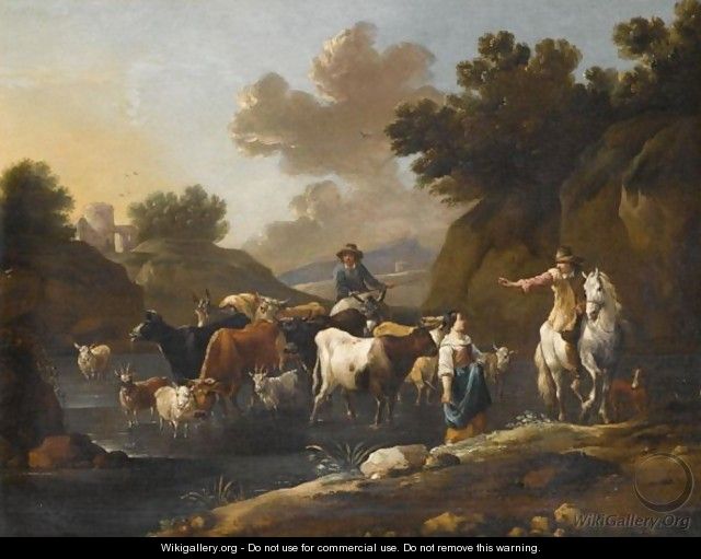 A Pastoral Landscape With Horses, Sheep And Cattle In A Stream - Simon Johannes van Douw