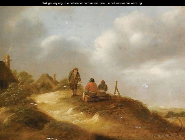 A Dune Landscape With Three Boors Conversing Before A Hamlet - Claes Molenaar (see Molenaer)