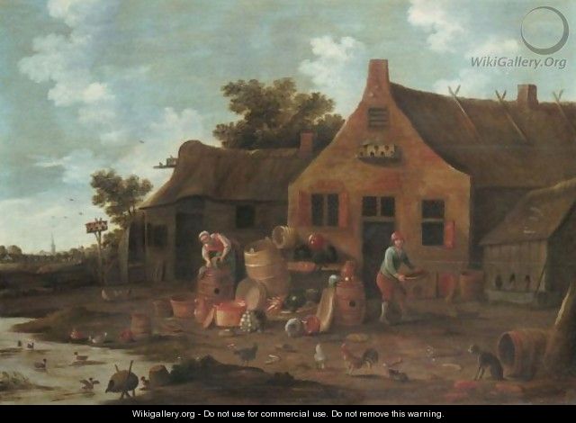 Landscape With Two Peasants Washing Their Pots Before A Cottage - Dutch School