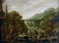 A Mountainous Wooded Landscape With A Man Resting Beside A Cascade, A Hill Top Town In The Distance - (after) Joachim Govertsz. Camphuysen