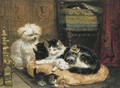A Cat With Her Four Kittens With A Friendly Dog - Henriette Ronner-Knip