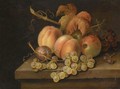 Still Life With Peaches, Apples, Grapes And Plums On A Stone Ledge - William Sartorius