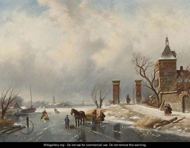 Skaters And Sleds On A Frozen River - Charles Henri Leickert