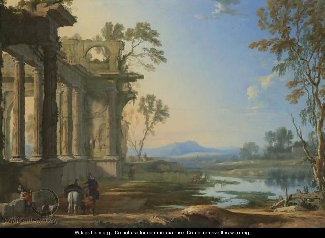 A Landscape At Evening With Travellers And A Hunter Near Classical Ruins - Pierre Patel
