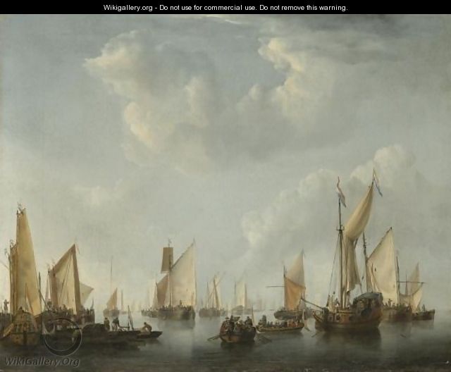 A Calm, With A States Yacht And Other Vessels In A Crowded Harbour Scene - Willem van de, the Elder Velde