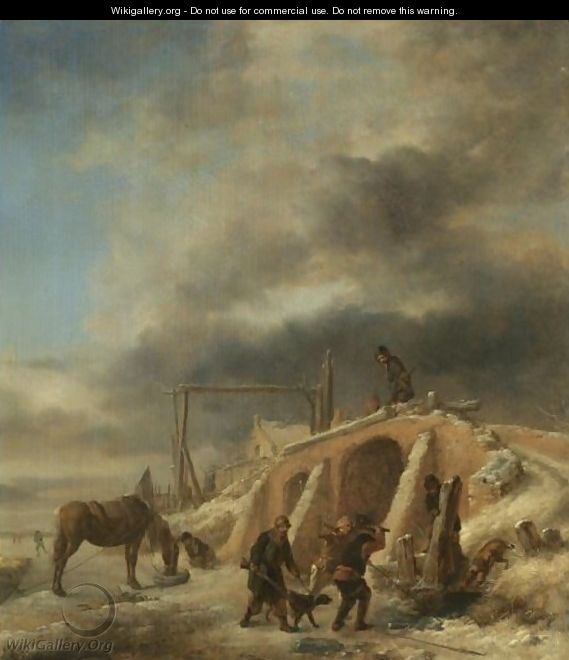 A Winter Landscape, With Figures By A Bridge Over A Frozen Stream - Philips Wouwerman